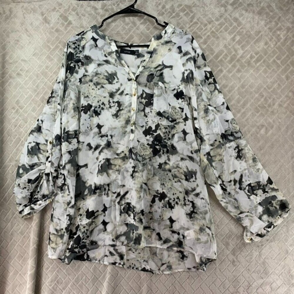 Apt 9 Womens 2x Top Gray Floral Chiffon Roll Tab Long Sleeve Popover Henley